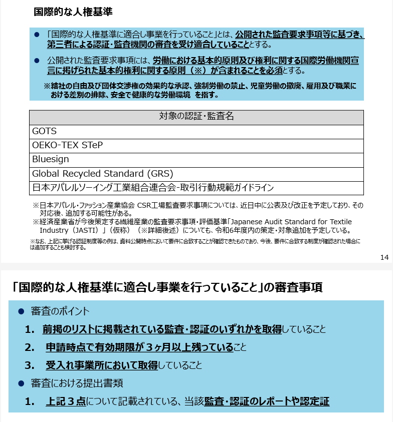 国際的な人権基準⚫「国際的な人権基準に適合し事業を行っていること」とは、公開された監査要求事項等に基づき、第三者による認証・監査機関の審査を受け適合していることとする。⚫公開された監査要求事項には、労働における基本的原則及び権利に関する国際労働機関宣言に掲げられた基本的権利に関する原則（※）が含まれることを必須とする。※結社の自由及び団体交渉権の効果的な承認、強制労働の禁止、児童労働の撤廃、雇用及び職業に おける差別の排除、安全で健康的な労働環境を指す。※なお、上記に挙げる認証制度等の例は、資料公開時点において要件に合致することが確認できたものであり、今後、要件に合致する制度が確認された場合には追加することも検討する。※日本アパレル・ファッション産業協会 CSR工場監査要求事項については、近日中に公表及び改正を予定しており、その対応後、追加する可能性がある。※経済産業省が今後策定する繊維産業の監査要求事項・評価基準「Japanese Audit Standard for Textile Industry（JASTI）」（仮称）（※詳細後述）についても、令和6年度内の策定・対象追加を予定している。14対象の認証・監査名GOTS OEKO-TEX STeP Bluesign Global Recycled Standard (GRS)日本アパレルソーイング工業組合連合会-取引行動規範ガ 「国際的な人権基準に適合し事業を行っていること」の審査事項⚫審査のポイント1.前掲のリストに掲載されている監査・認証のいずれかを取得していること2. 申請時点で有効期限が３ヶ月以上残っていること3. 受入れ事業所において取得していること⚫審査における提出書類1. 上記３点について記載されている、当該監査・認証のレポートや認定証