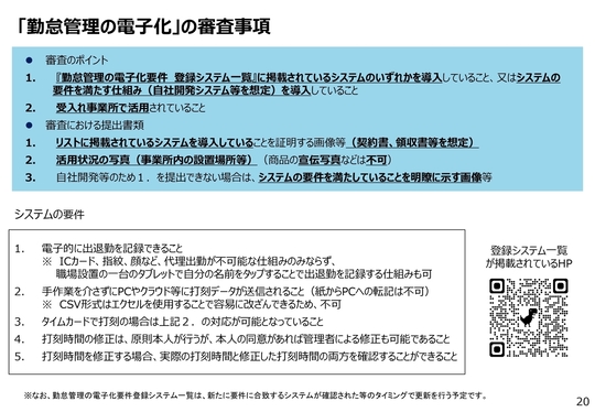 「勤怠管理の電子化」の審査事項⚫審査のポイント1. 『勤怠管理の電子化要件登録システム一覧』に掲載されているシステムのいずれかを導入していること、又はシステムの要件を満たす仕組み（自社開発システム等を想定）を導入していること2. 受入れ事業所で活用されていること⚫審査における提出書類1. リストに掲載されているシステムを導入していることを証明する画像等（契約書、領収書等を想定）2. 活用状況の写真（事業所内の設置場所等）（商品の宣伝写真などは不可）3. 自社開発等のため１．を提出できない場合は、システムの要件を満たしていることを明瞭に示す画像等20 1.電子的に出退勤を記録できること※ICカード、指紋、顔など、代理出勤が不可能な仕組みのみならず、職場設置の一台のタブレットで自分の名前をタップすることで出退勤を記録する仕組みも可2.手作業を介さずにPCやクラウド等に打刻データが送信されること（紙からPCへの転記は不可）※CSV形式はエクセルを使用することで容易に改ざんできるため、不可3.タイムカードで打刻の場合は上記２．の対応が可能となっていること4.打刻時間の修正は、原則本人が行うが、本人の同意があれば管理者による修正も可能であること5.打刻時間を修正する場合、実際の打刻時間と修正した打刻時間の両方を確認することができることシステムの要件※なお、勤怠管理の電子化要件登録システム一覧は、新たに要件に合致するシステムが確認された等のタイミングで更新を行う予定です。